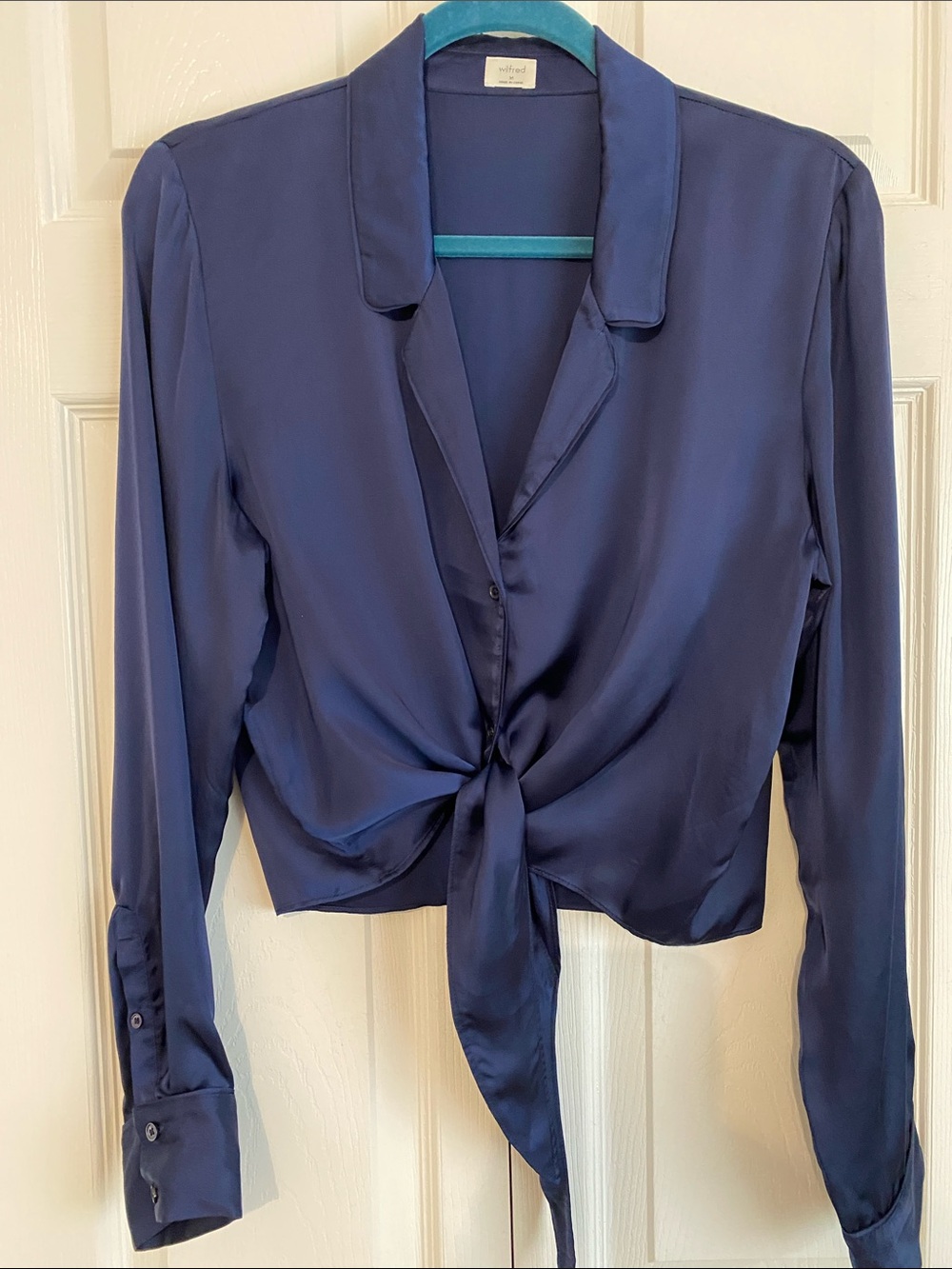 Sexy navy satin Wilfred tie blouse